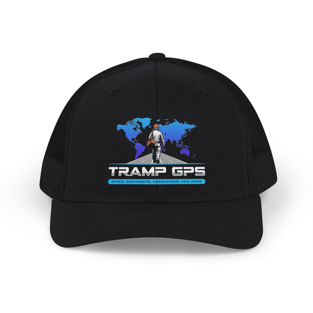 Trucker Cap — Tramp GPS Adventure Logo Hat (World Map, Outdoor Travel Snapback)