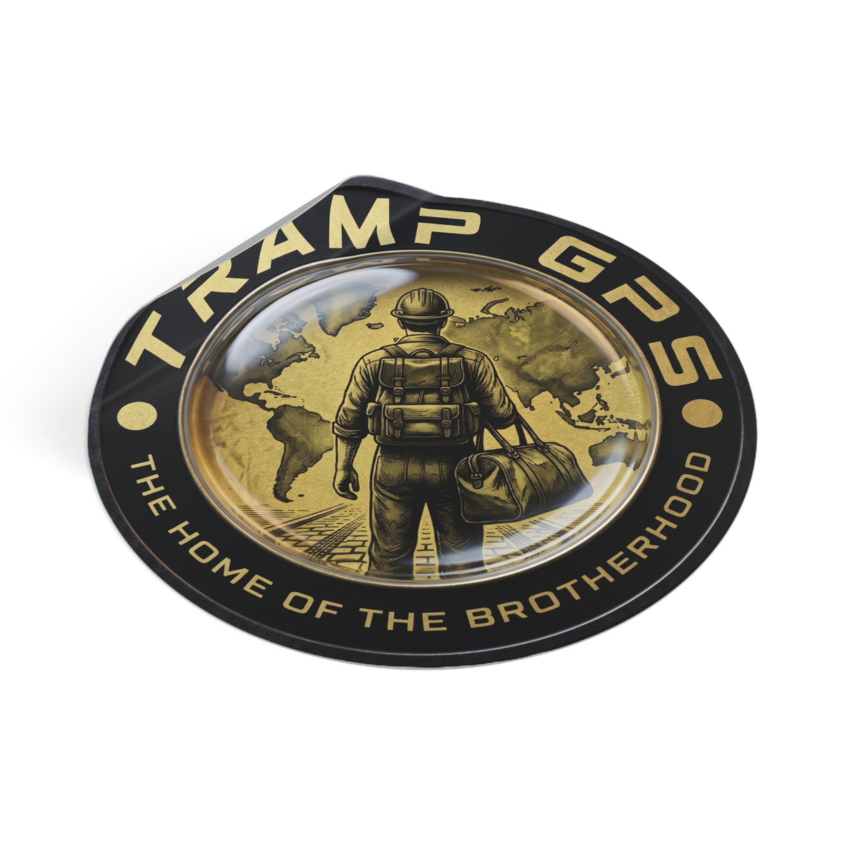 Tramp GPS Round Vinyl Sticker — “The Home of the Brotherhood” Travel Hiker Design