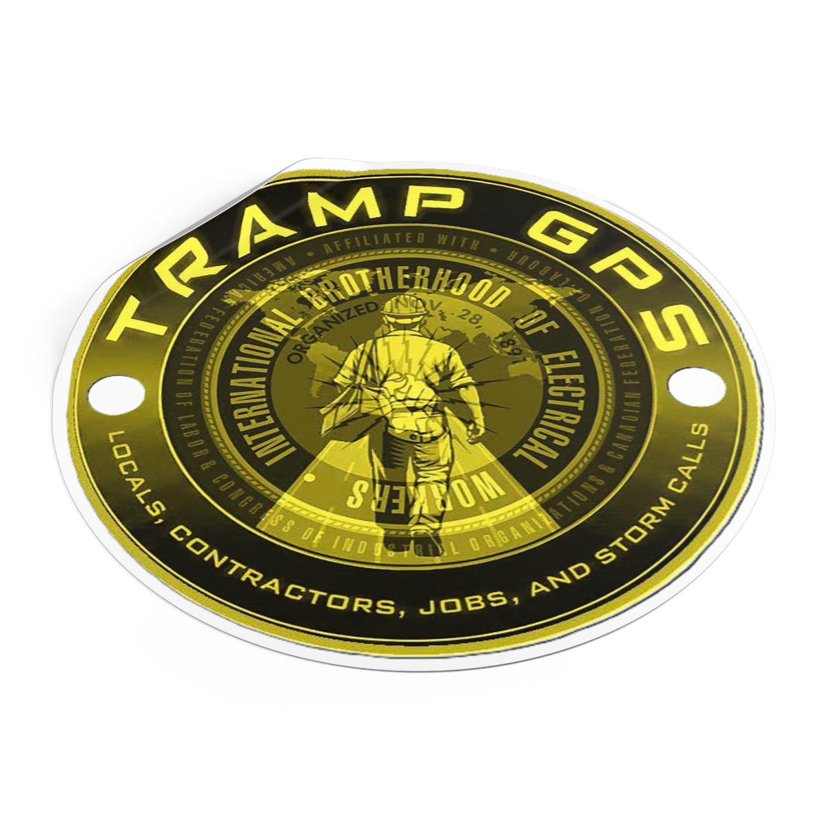 Tramp GPS Round Vinyl Sticker — Electrician Brotherhood Logo, Durable Weatherproof Decal