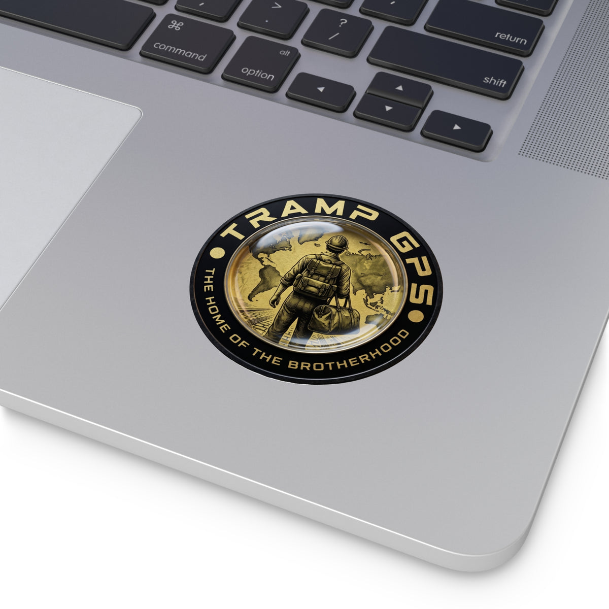 Tramp GPS Round Vinyl Sticker — “The Home of the Brotherhood” Travel Hiker Design