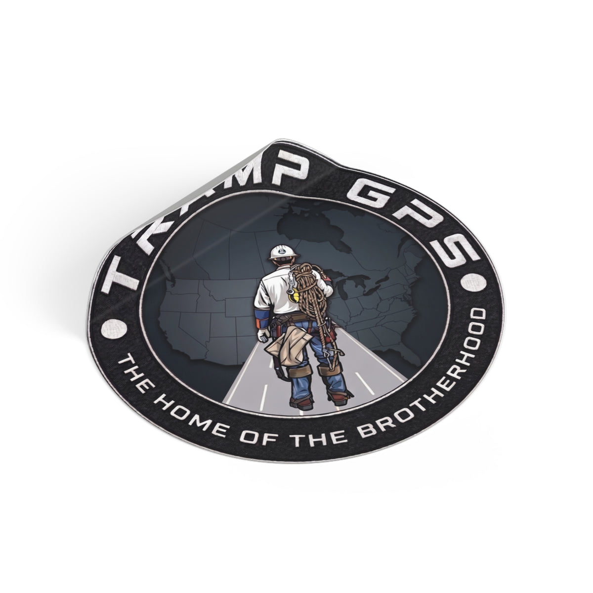 Tramp GPS Round Vinyl Sticker — 'The Home of the Brotherhood' Lineman Design