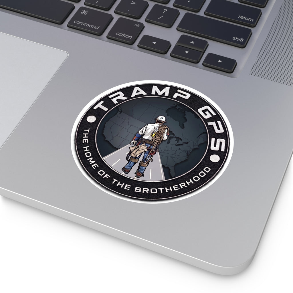Tramp GPS Round Vinyl Sticker — 'The Home of the Brotherhood' Lineman Design