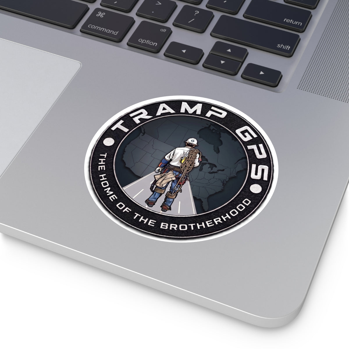 Tramp GPS Round Vinyl Sticker — 'The Home of the Brotherhood' Lineman Design