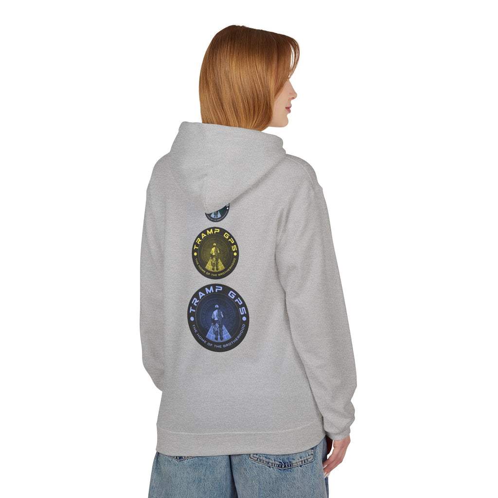 Tramp GPS Logo Hoodie — Retro Badge Graphic Pullover