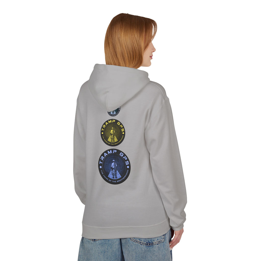 Tramp GPS Logo Hoodie — Retro Badge Graphic Pullover
