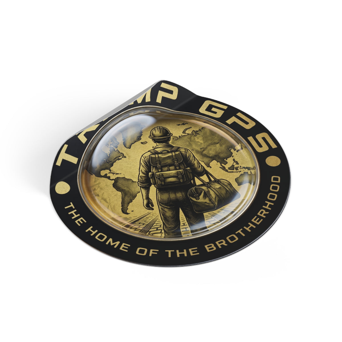 Tramp GPS Round Vinyl Sticker — “The Home of the Brotherhood” Travel Hiker Design