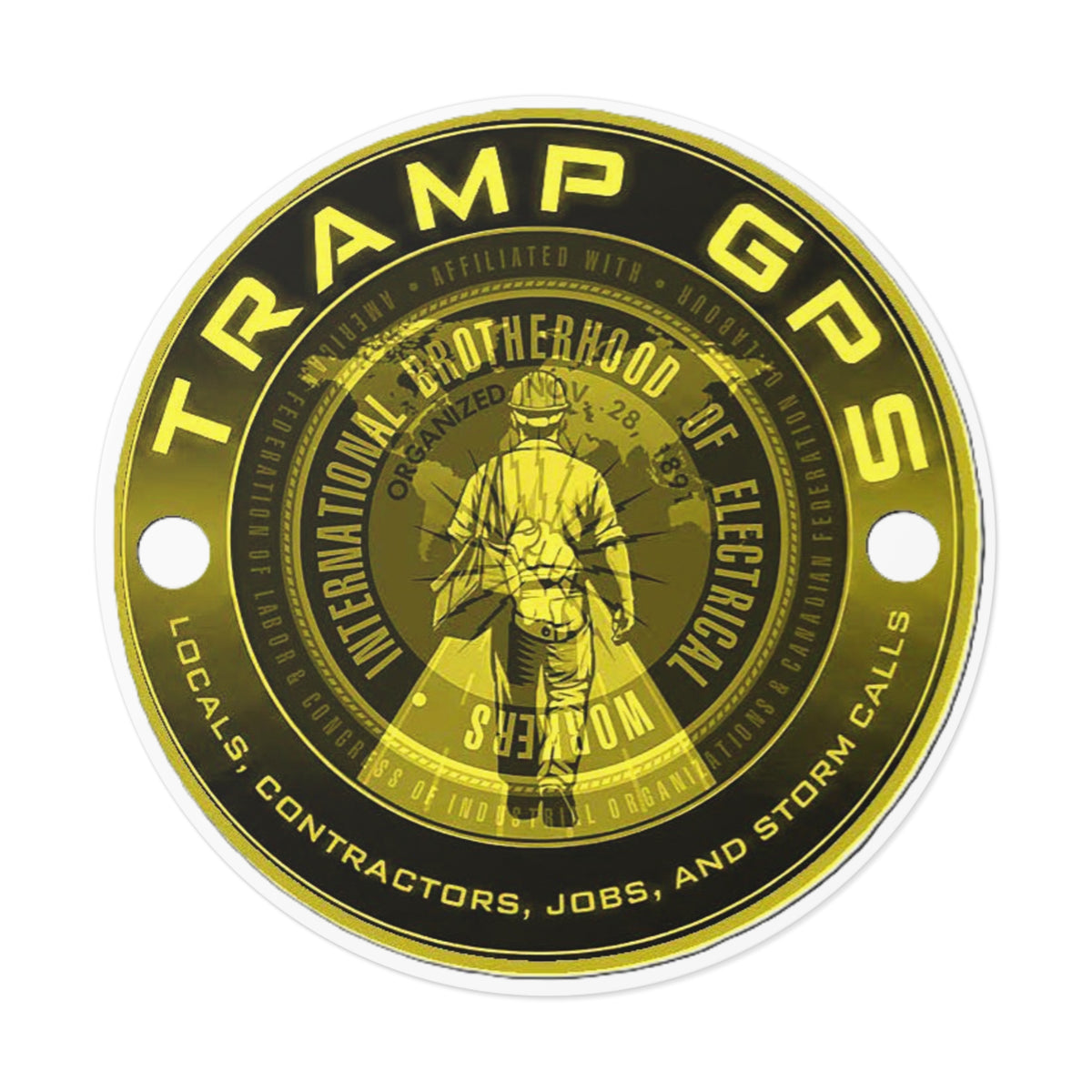 Tramp GPS Round Vinyl Sticker — Electrician Brotherhood Logo, Durable Weatherproof Decal