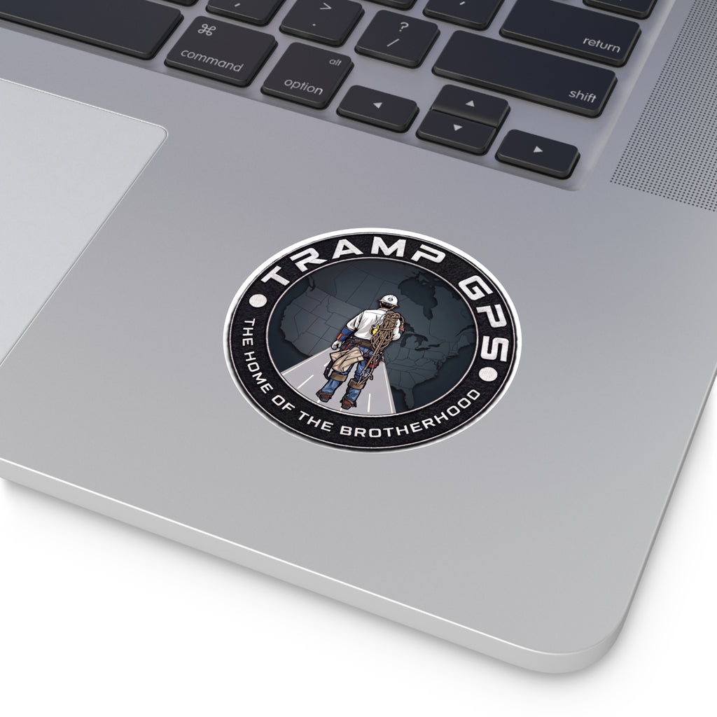 Tramp GPS Round Vinyl Sticker — 'The Home of the Brotherhood' Lineman Design