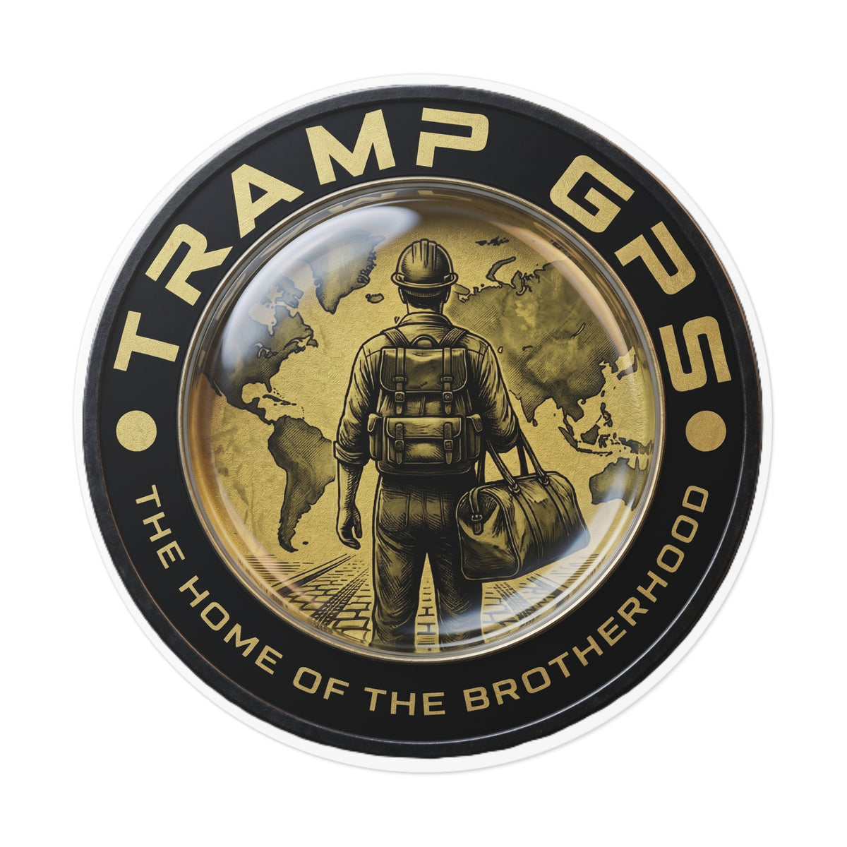 Tramp GPS Round Vinyl Sticker — “The Home of the Brotherhood” Travel Hiker Design