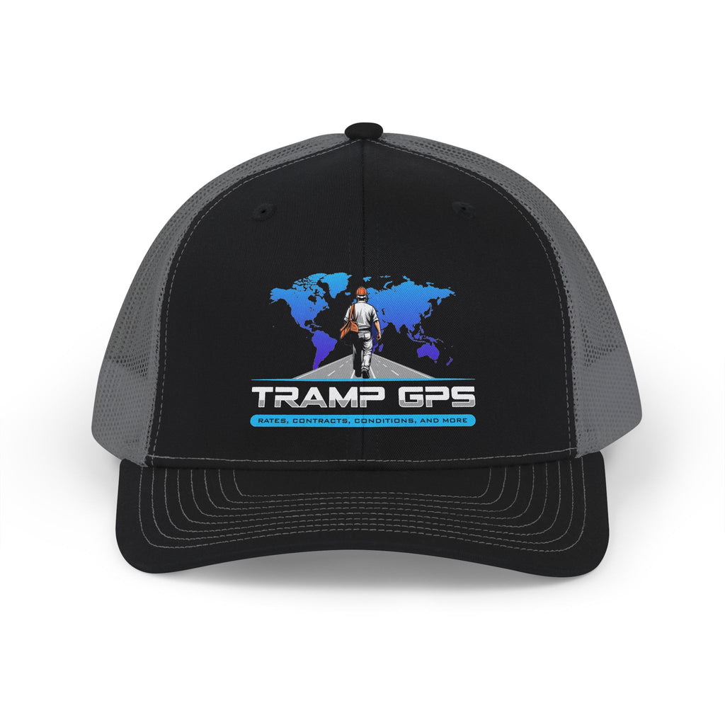 Trucker Cap — Tramp GPS Adventure Logo Hat (World Map, Outdoor Travel Snapback)