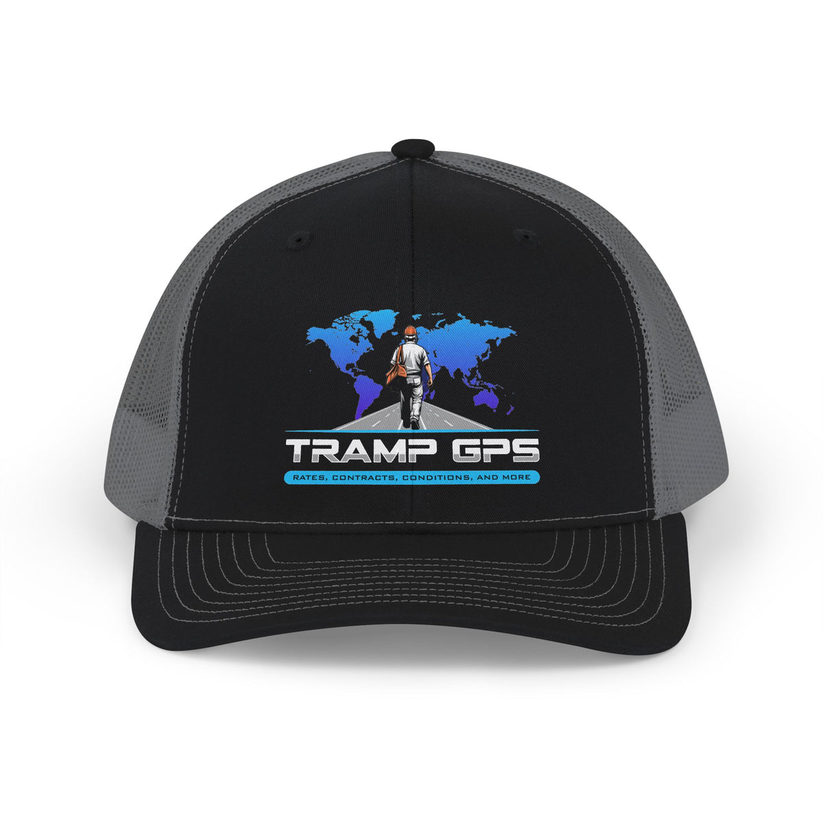 Trucker Cap — Tramp GPS Adventure Logo Hat (World Map, Outdoor Travel Snapback)