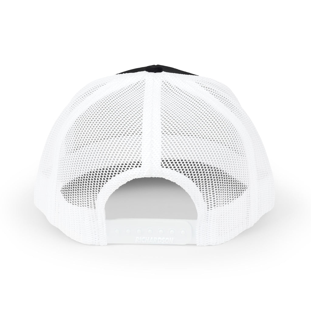Black & White Trucker Cap with Vintage Mountain Patch – Outdoor Snapback Hat