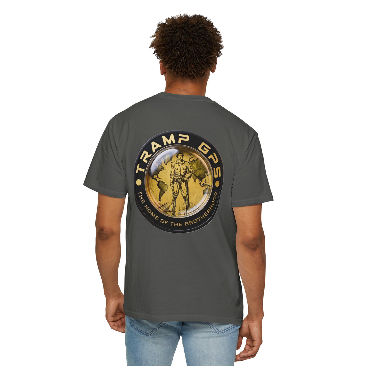 Tramp GPS Graphic T‑Shirt — "Tramp GPS: The Home of the Brotherhood"