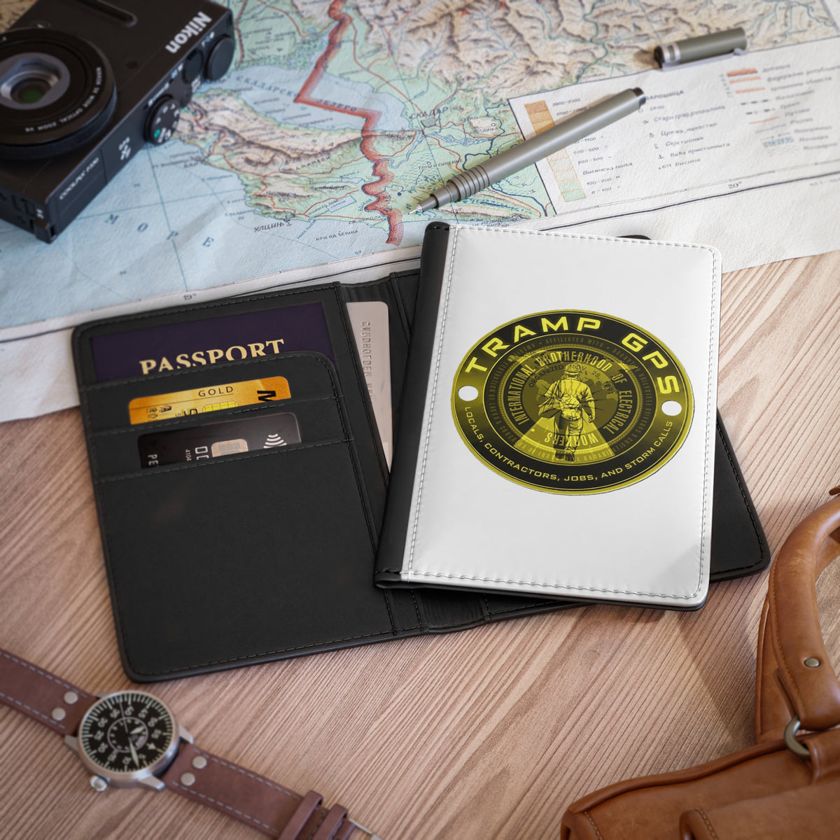 Passport Cover - Tramp GPS Vintage Engineer Badge Travel Wallet