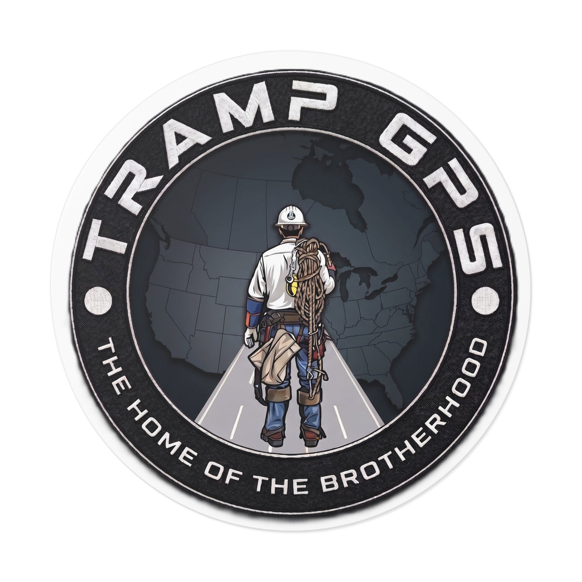 Tramp GPS Round Vinyl Sticker — 'The Home of the Brotherhood' Lineman Design