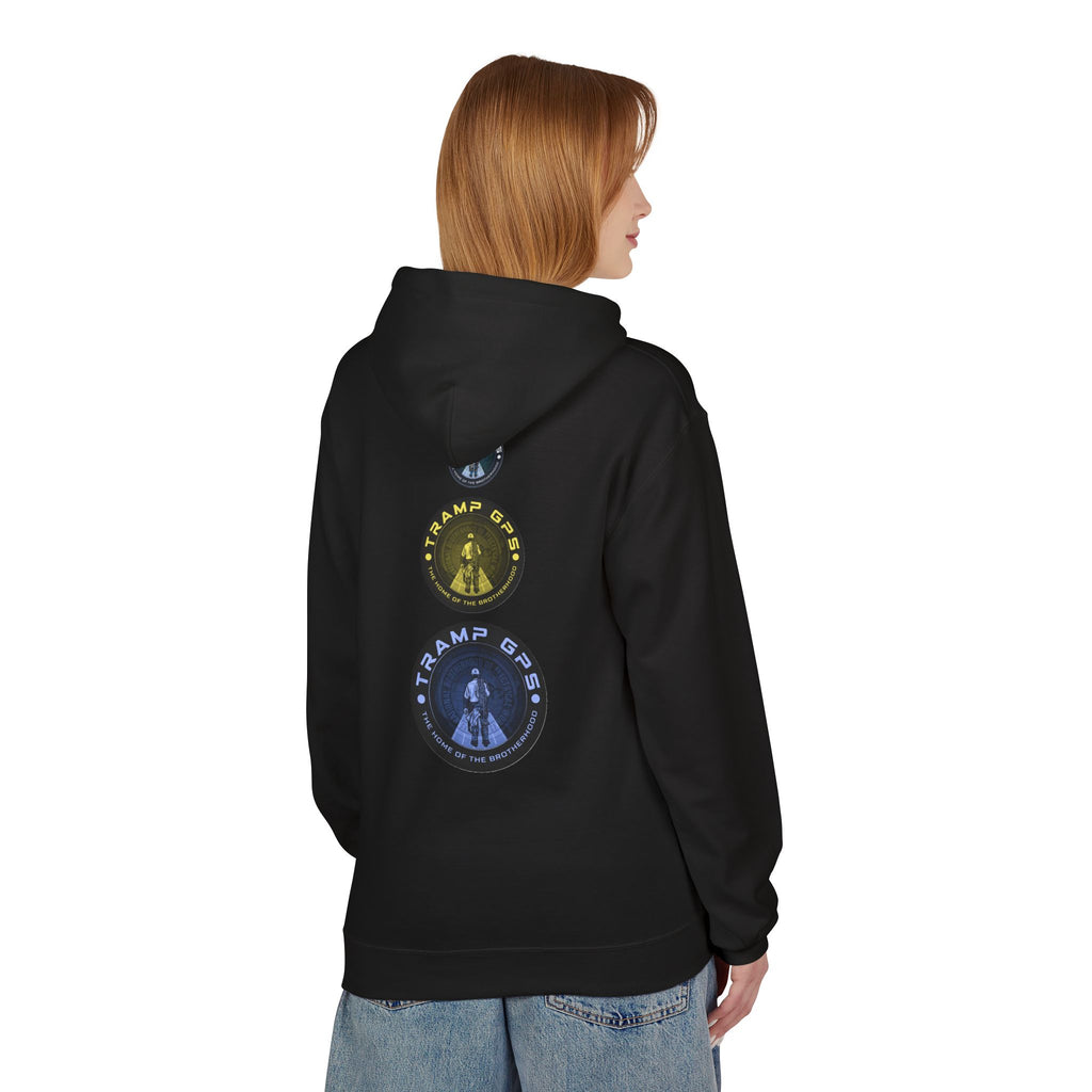 Tramp GPS Logo Hoodie — Retro Badge Graphic Pullover