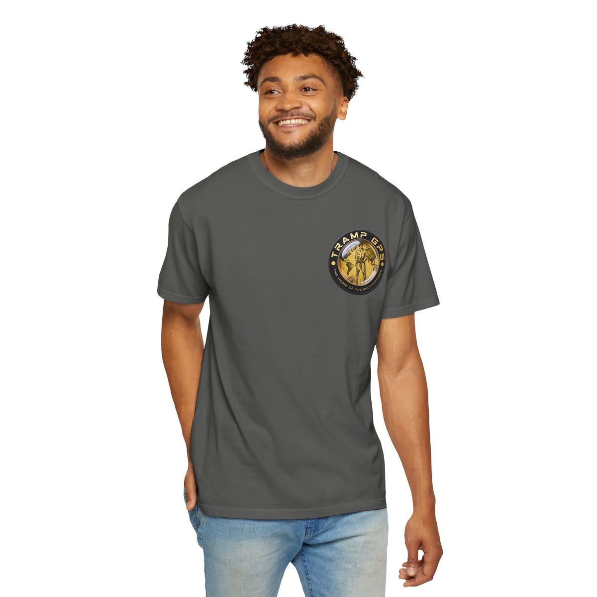 Tramp GPS Graphic T‑Shirt — "Tramp GPS: The Home of the Brotherhood"
